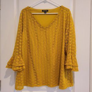 Roz & Ali Blouse Top Womans 2X V Neck 3/4 Sleeve Mustard Knit Ruffle Sleeves